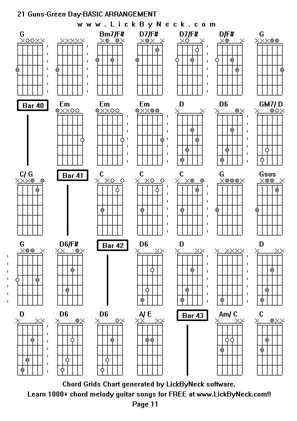 Chord Grids Chart of chord melody fingerstyle guitar song-21 Guns-Green Day-BASIC ARRANGEMENT,generated by LickByNeck software.